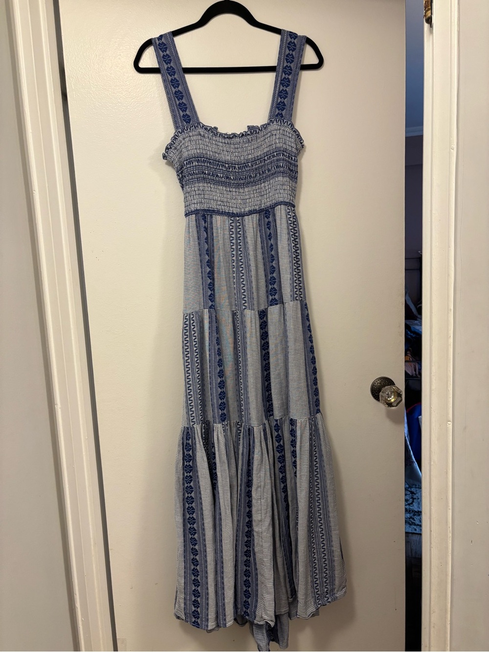 Veronica Beard Blue and White Striped Smocked Maxi Dress open back